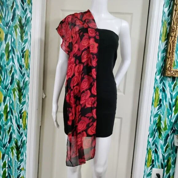 Zazou Floral Rose Lightweight Sheer Scarf Neckwear Red Black Women's Length 30" - Picture 2 of 7